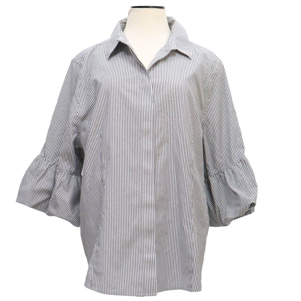 Chicos Womens Top Sz 3 Nautical Seersucker Stripe Button Up Flare Sleeve Cotton